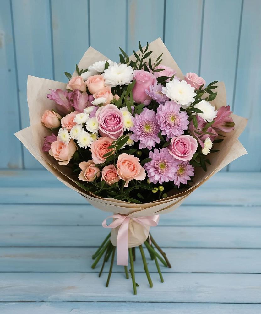 Букет цветов из: Хризантемы, Розы и Альстромерии в Пристень