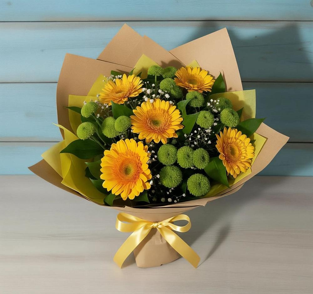 Букет цветов из: Герберы и Хризантемы в Пристень