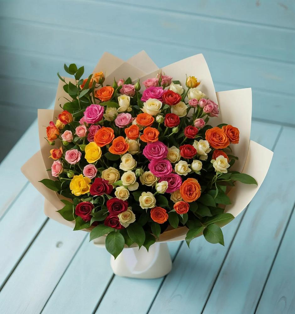 Букет Микс из разноцветных кустовых роз в Пристень