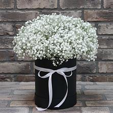 Цветочная композиция из Гипсофила в шляпной коробке в Пристень