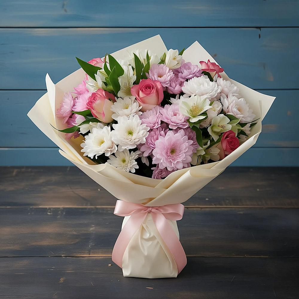 Букет цветов из: Хризантемы, Альстромерии и Розы в Пристень